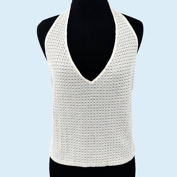 STUNNING NWT CACHE WHITE BEADED V-NECK HALTER TOP - M - Picture 1 of 4